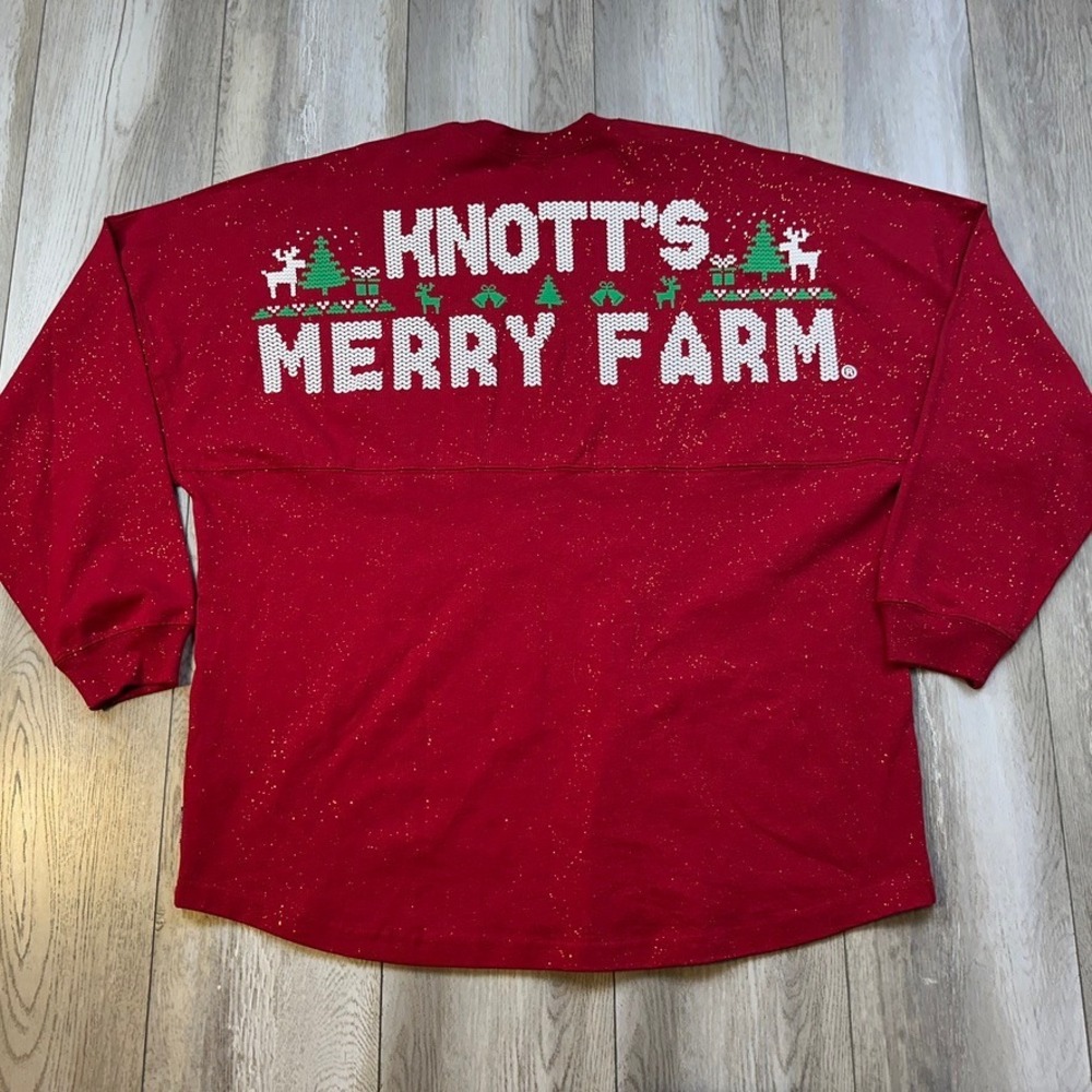 Knott's Merry Farm Spirit Jersey XL Red White Christmas Holidays Glitter Snow